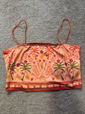 SHEIN Pink & Orange Tropical Palm Print Spaghetti Strap Crop Top